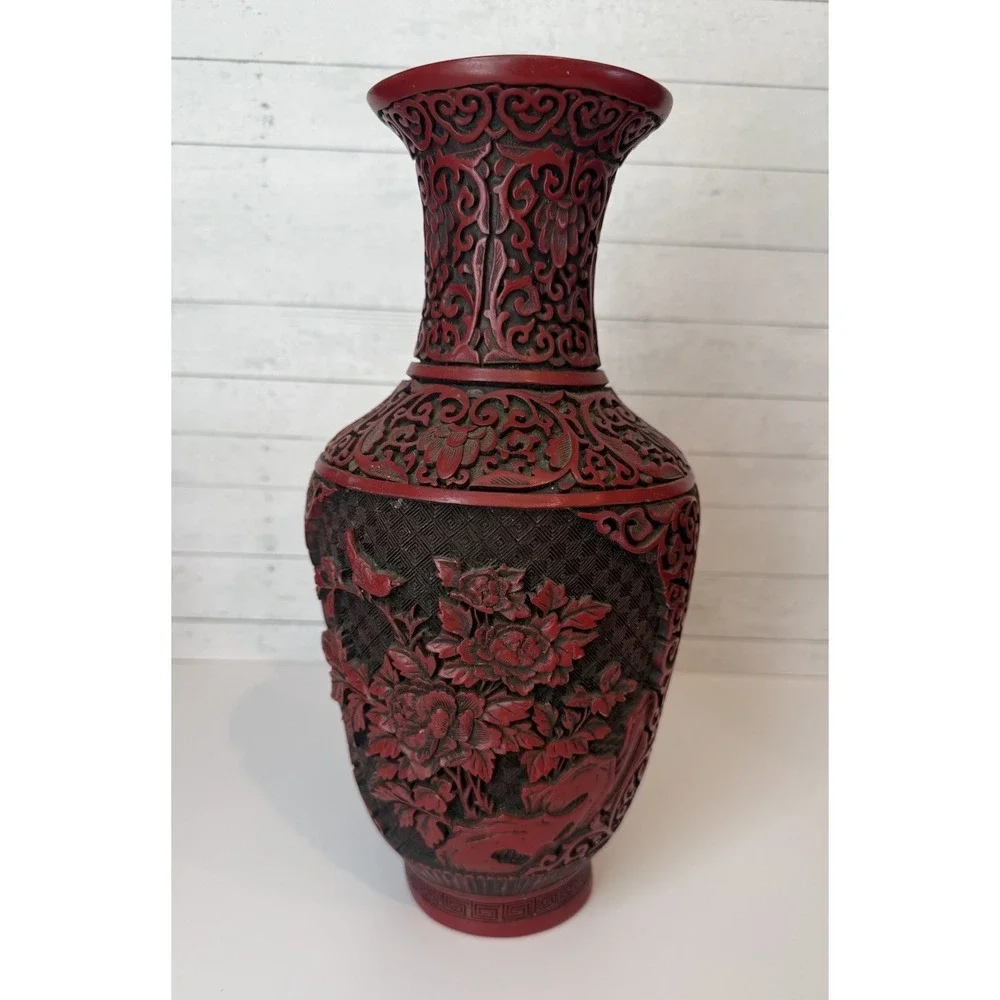 Vintage Chinese Cinnabar Style Red Black Floral Vase 12.25